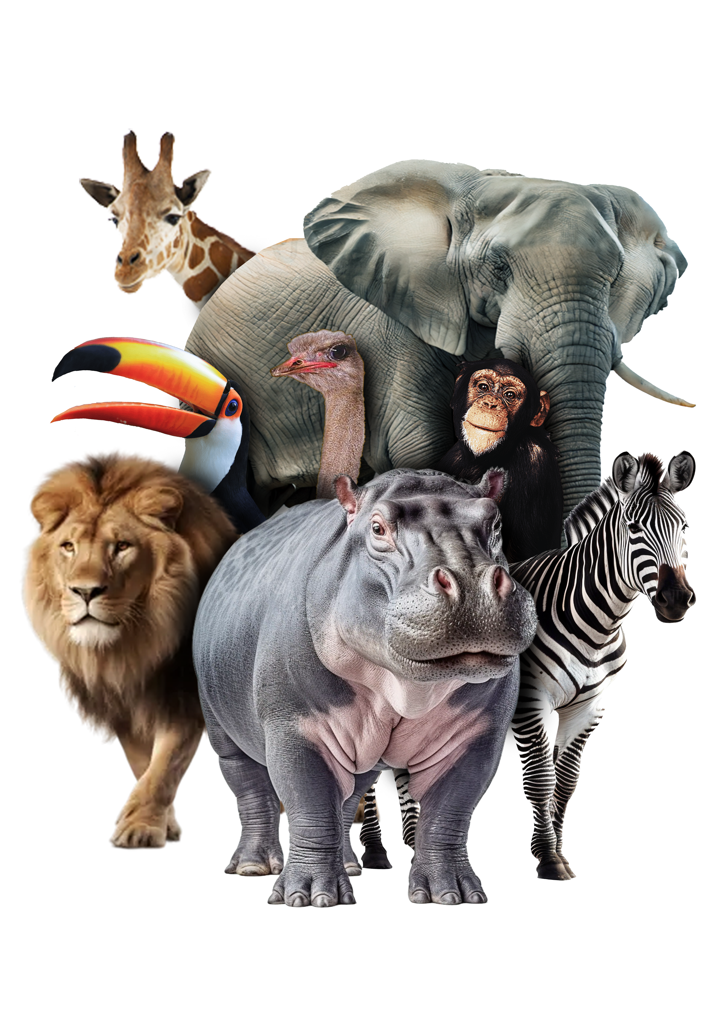 Animais do jogo do bicho: girafa, elefante, tucano, leão, hipopótamo e zebra